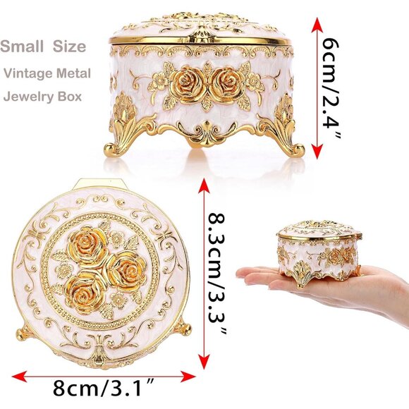 Women Vintage Round Trinket Storage Organizer Box Gold Metal Case Treasure Box - Picture 3 of 9